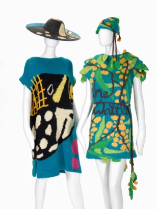 FLAMINGO PARK, Sydney (fashion house) 1973–95 Jenny KEE (designer) born Australia 1947 Jan AYRES (knitter) born Australia 1947 Big fish dress and hat 1979 cotton, painted straw 90.0 cm (centre back), 67.0 cm (waist, flat) (dress) 143.0 cm (outer circumference), 14.0 cm (height), 46.0 cm (width)(hat) National Gallery of Victoria, Melbourne Purchased, Victorian Foundation for Living Australian Artists, 2015 Wattle dress and hat 1978 cotton 75.0 cm (centre back) 45.0 cm (waist, flat) (dress) 54.0 cm (outer circumference), 14.5 cm (height), 23.0 cm (width)(hat) National Gallery of Victoria, Melbourne Purchased, Victorian Foundation for Living Australian Artists, 2015